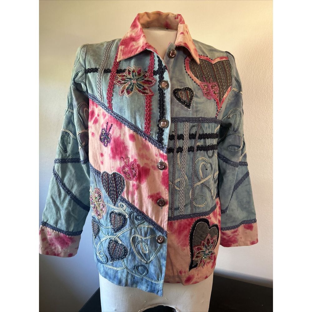 Breckenridge Denim Jacket Women's Size P Med Blue and Pink Appliqued Bead Work
